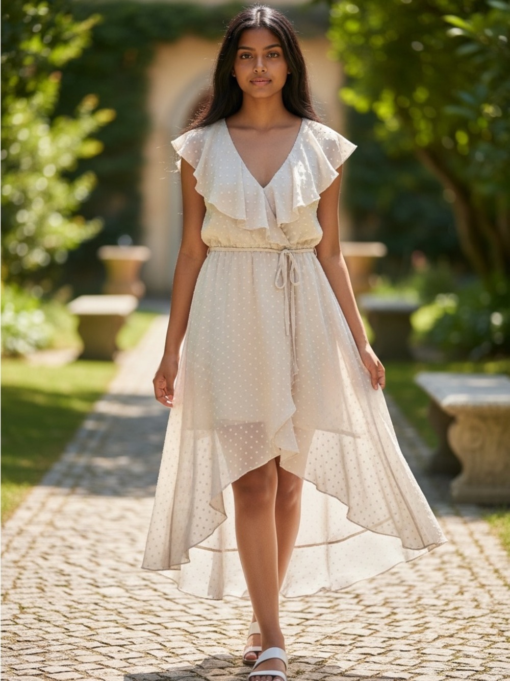 Aqua Cream Polka-Dot Ruffle High-Low Wrap Dress